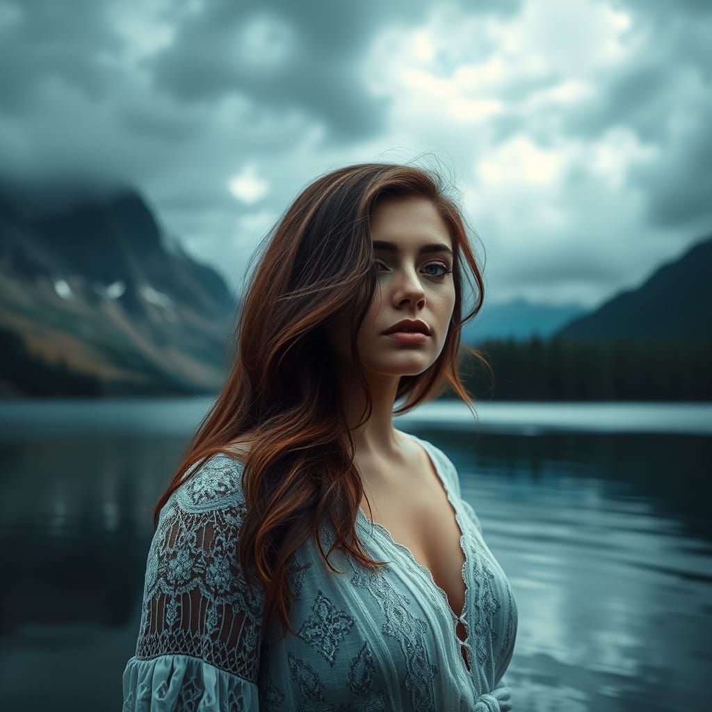 A Woman Standing Serenely in a Misty Lake Scene