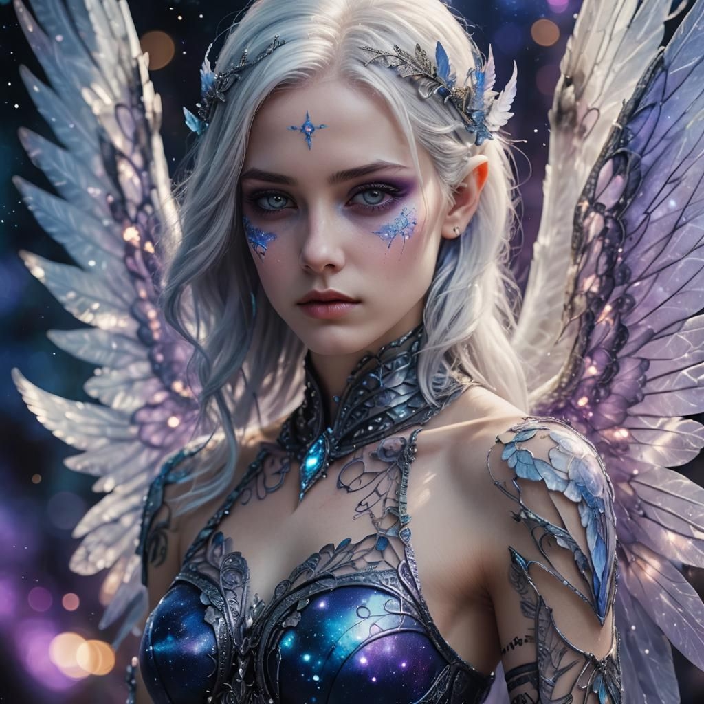 Ethereal Character with Translucent Wings in Magical Setting