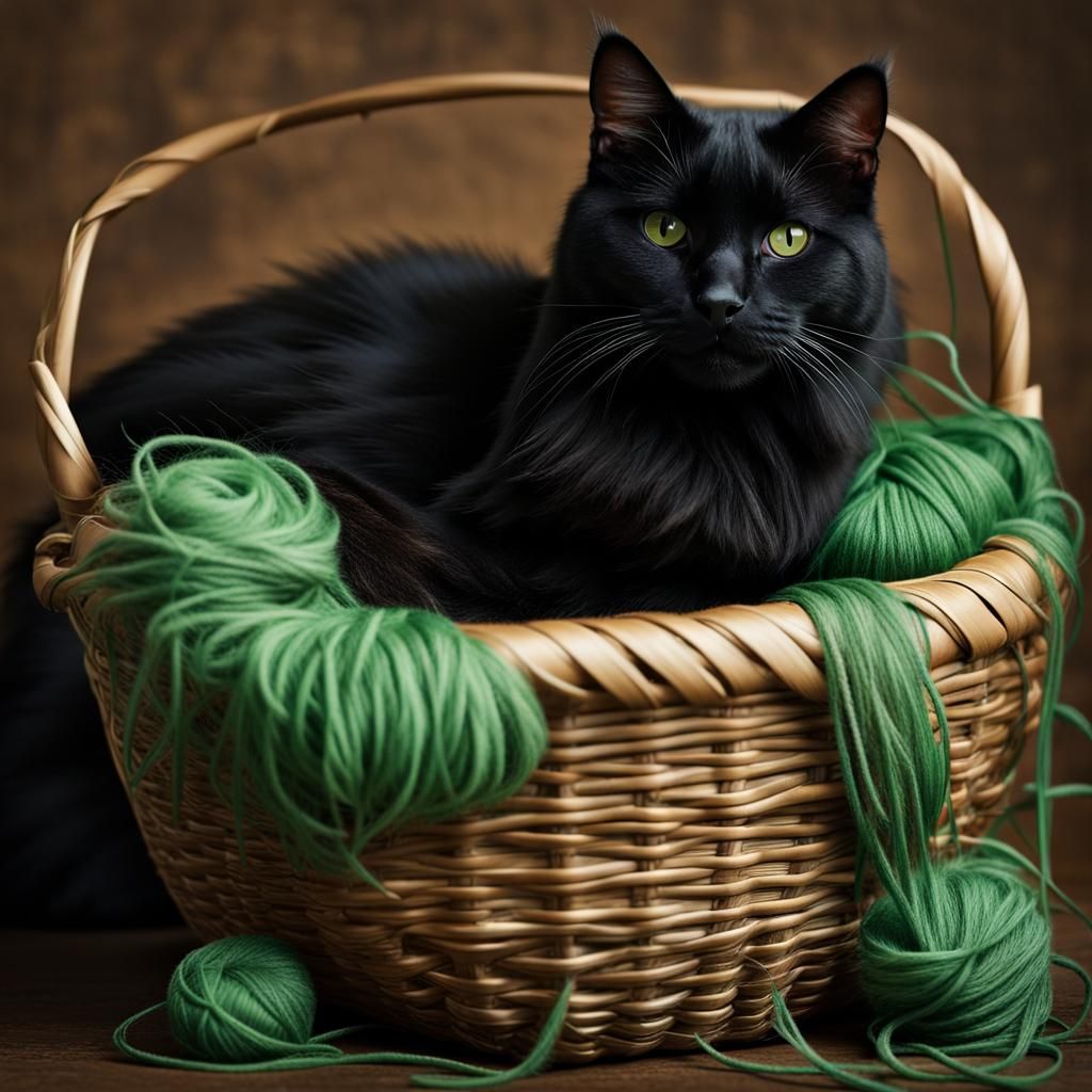 Fluffy Black Cat Portrait with Green Eyes