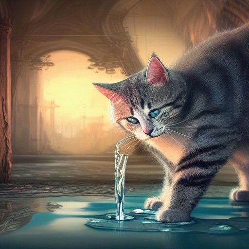 Detailed Matte Painting of Cat Drinking Water