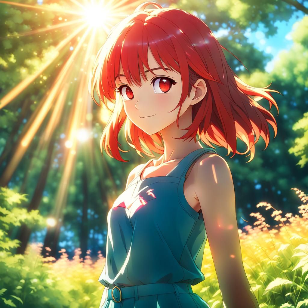 Anime Woman in Red Dress: Photorealistic Summer Scene