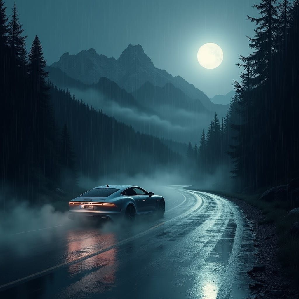 Sleek Car Speeds Through Misty Forest Night in Cyberpunk Sty...