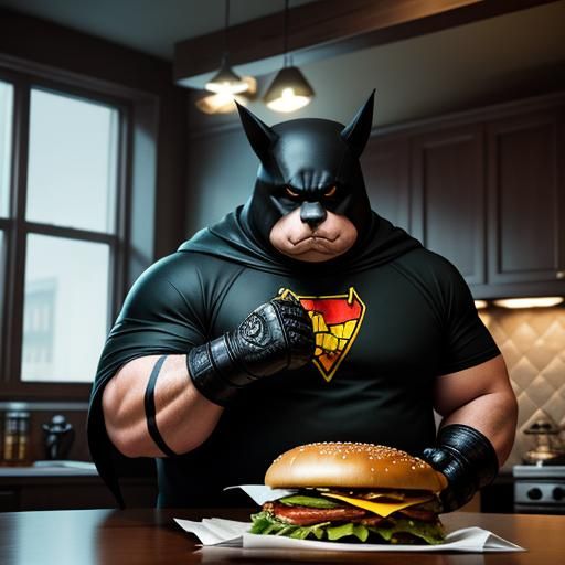 Fat Superhero in a bat costume eats a burger in his kitchen
