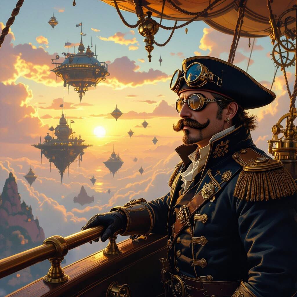 Steampunk Airship Captain Amidst Floating Islands