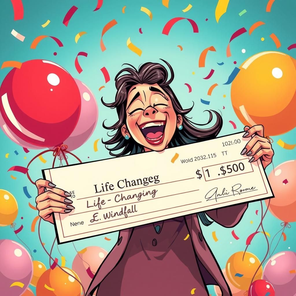 Woman Wins Lottery: Exaggerated Cartoon Portrait