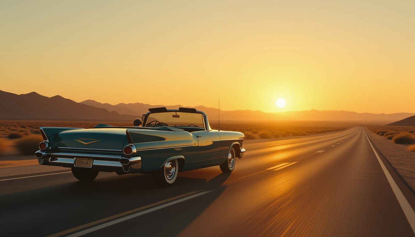 Vintage Car on Desert Highway at Sunset