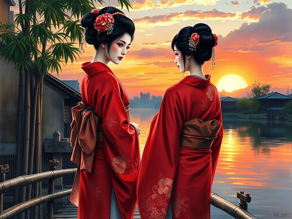 Watercolor Geisha on Bamboo Bridge at Sunset