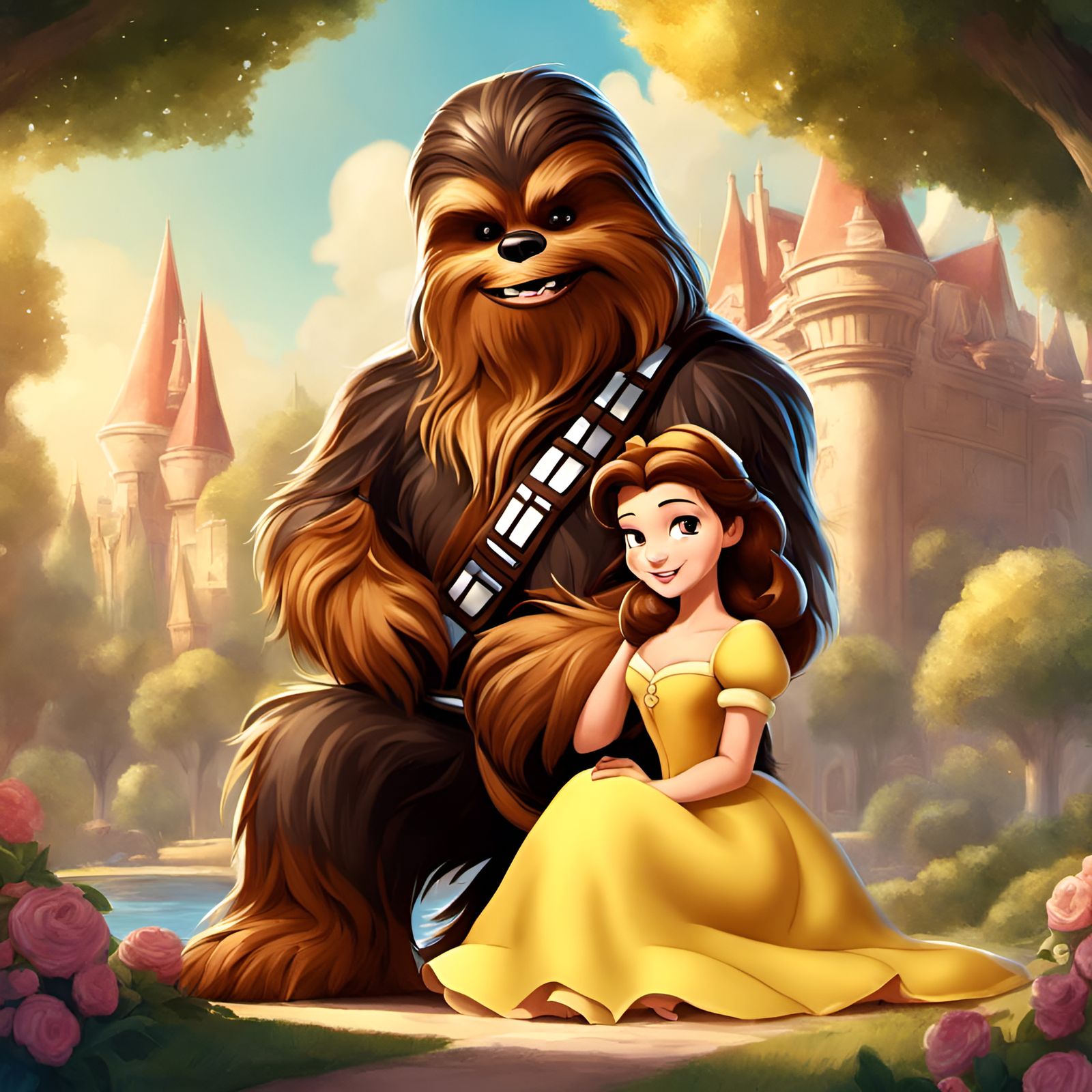 Belle and Chewbacca Portrait in Disney Style