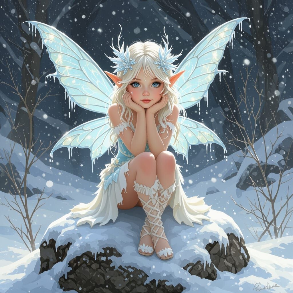 Cute Ice Fairy Sitting on Rock, Detailed Realistic Digital P...