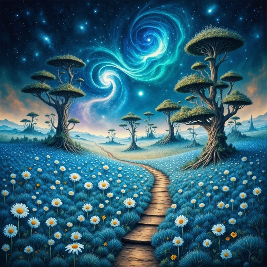 Whimsical Spiral Trees in Blue Fields Under Starry Sky