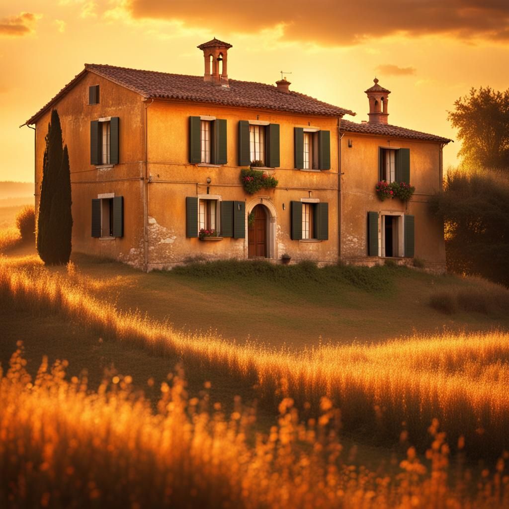 Italian Country House at Golden Sunset