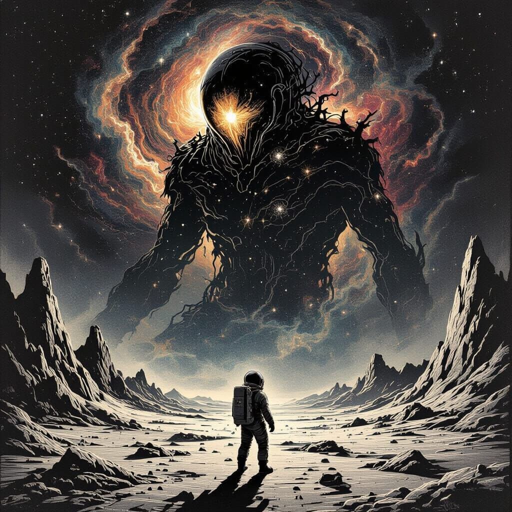 Astronaut Encounters Cosmic Entity in Engraved Style
