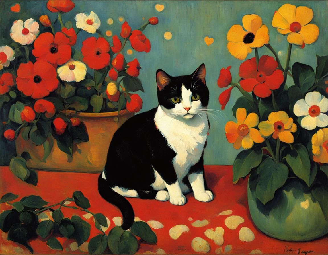 Calico Cat Surrounded by Flowers in Gauguin Style