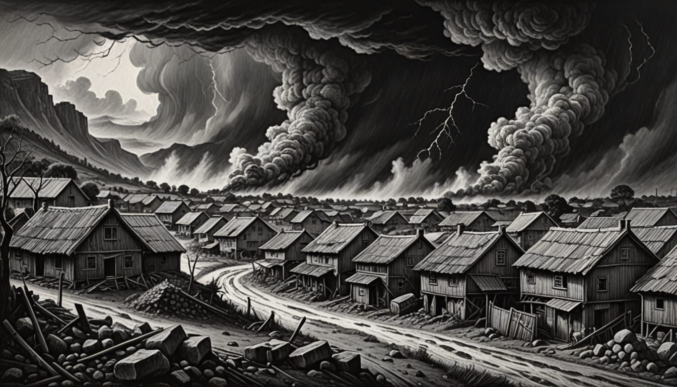 Village Under a Tempestuous Storm in Hyperdetailed Charcoal