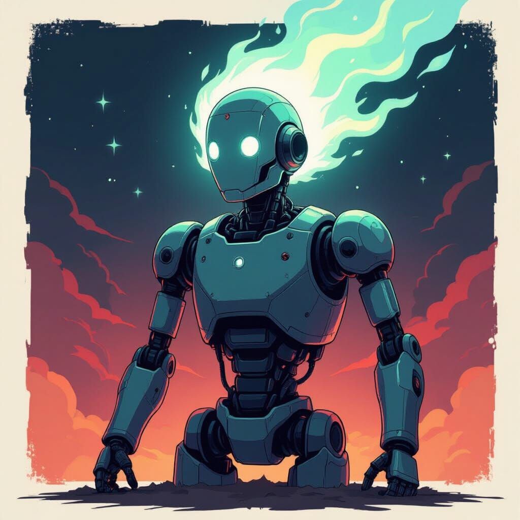 Ethereal Robot Soul Ascends in Manga Style