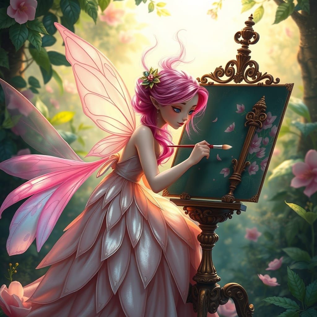 Whimsical Fairy Artist at Work in a Dreamlike Setting