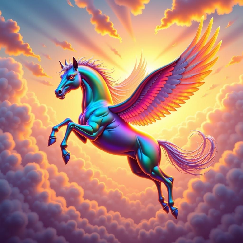 Rainbow Pegasus Soaring Through Sunrise Sky