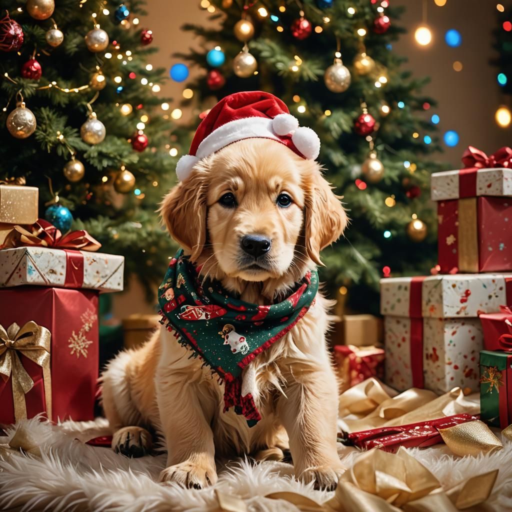 Golden Retriever Puppy in Festive Christmas Atmosphere