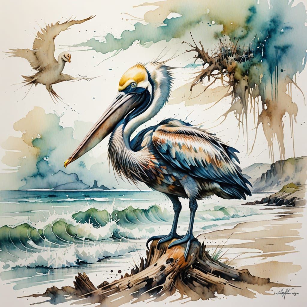 Pelican on Driftwood Log in Coastal Inlet