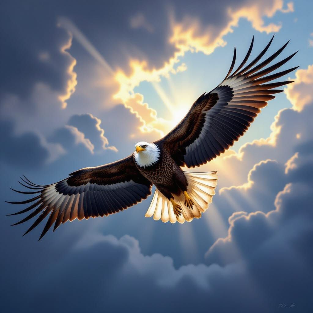 Majestic Bald Eagle in Flight Amidst Stormy Sky