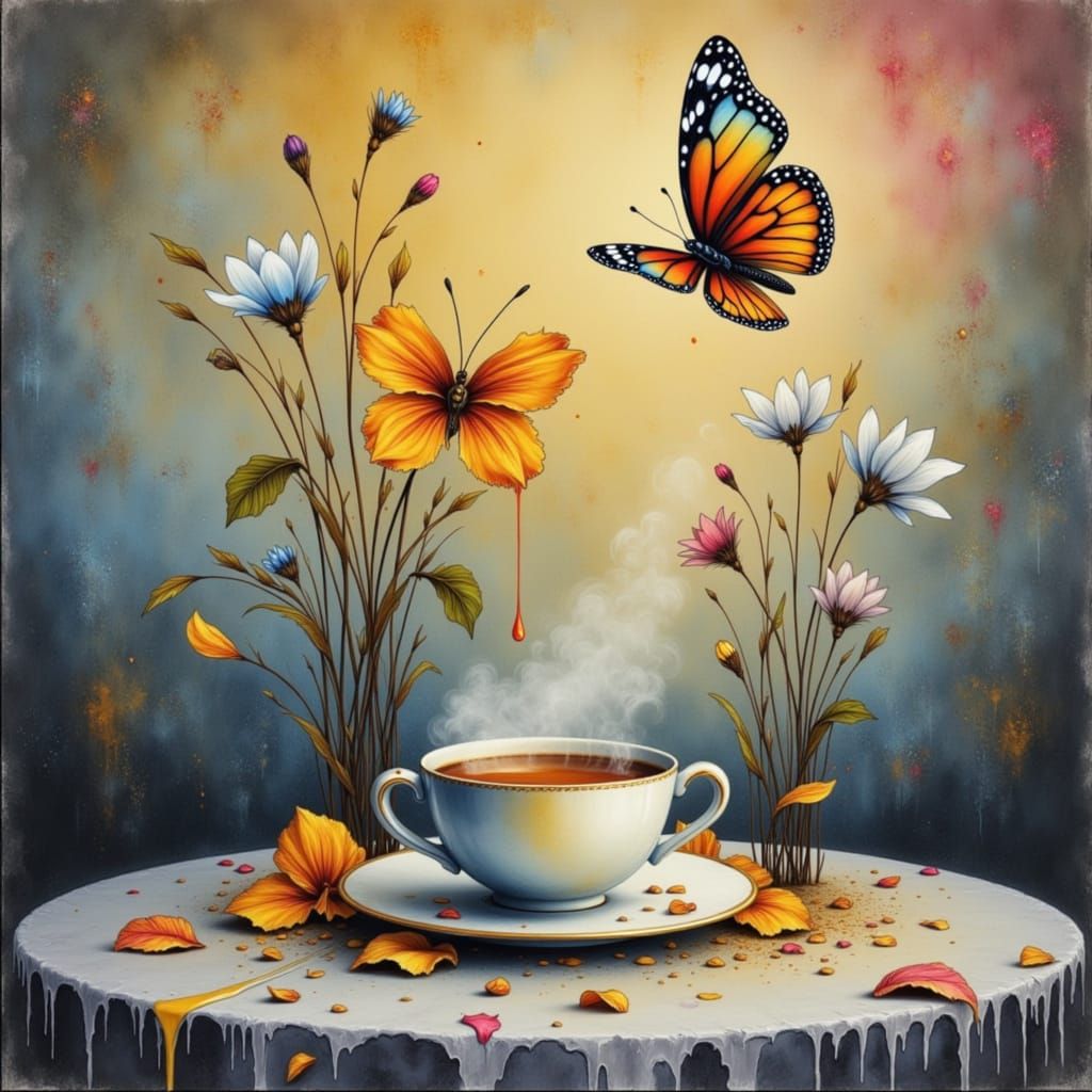 Grunge Butterfly on Tea with Neon Drips
