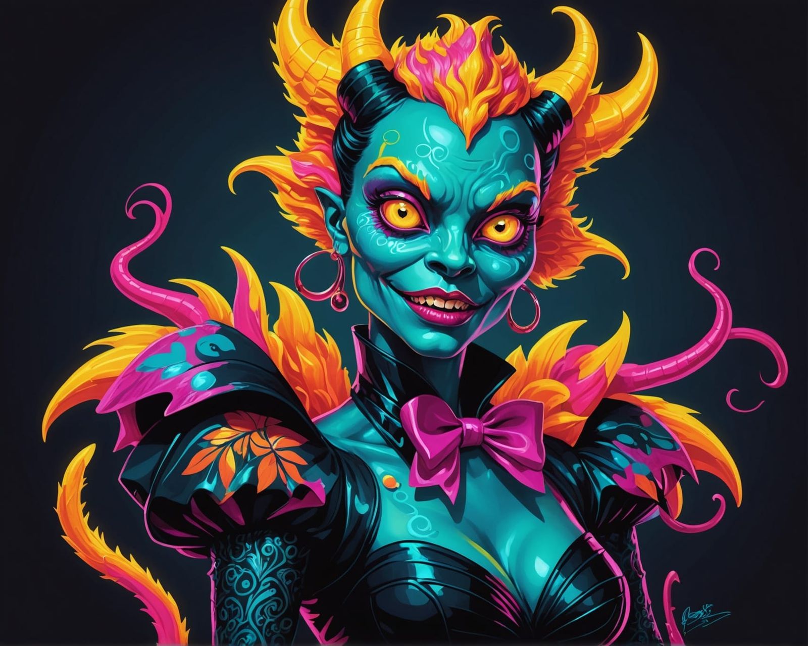 Flamboyant Neon Monster in Pinup Style: Digital Art
