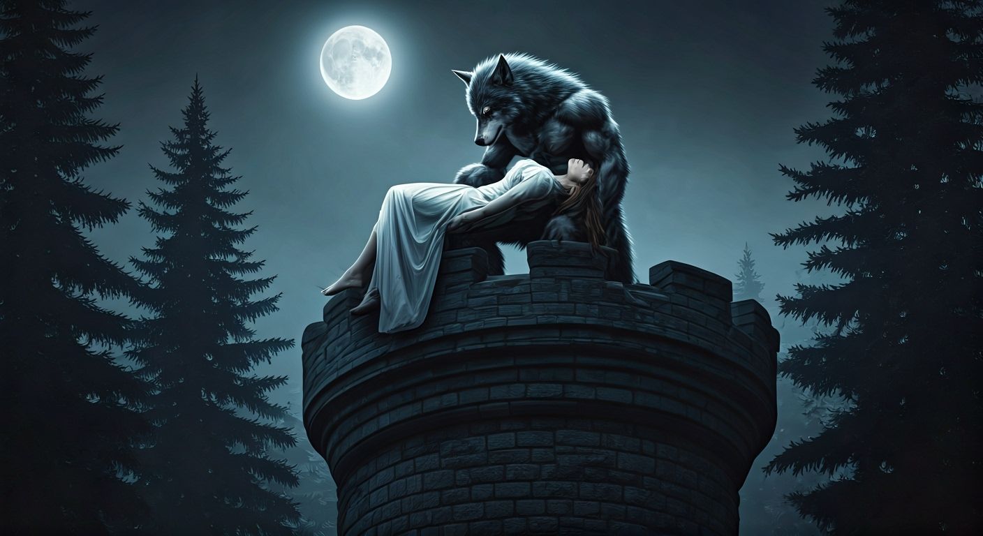 Grieving Werewolf Howls on Castle Tower in Moonlight