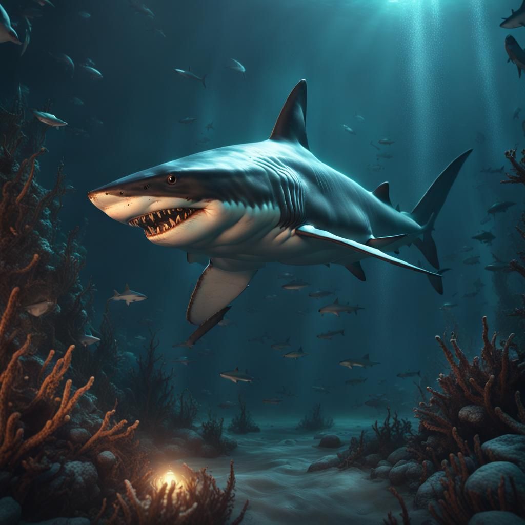 Terrifying Shark in Deep Water: Detailed Matte Painting