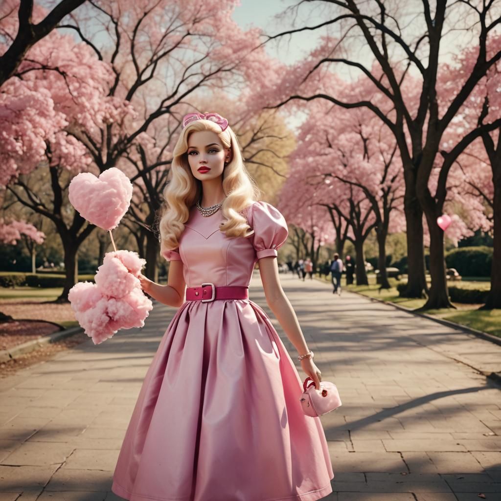 1950s Barbie Girl with Cotton Candy, Cinematic Film Still