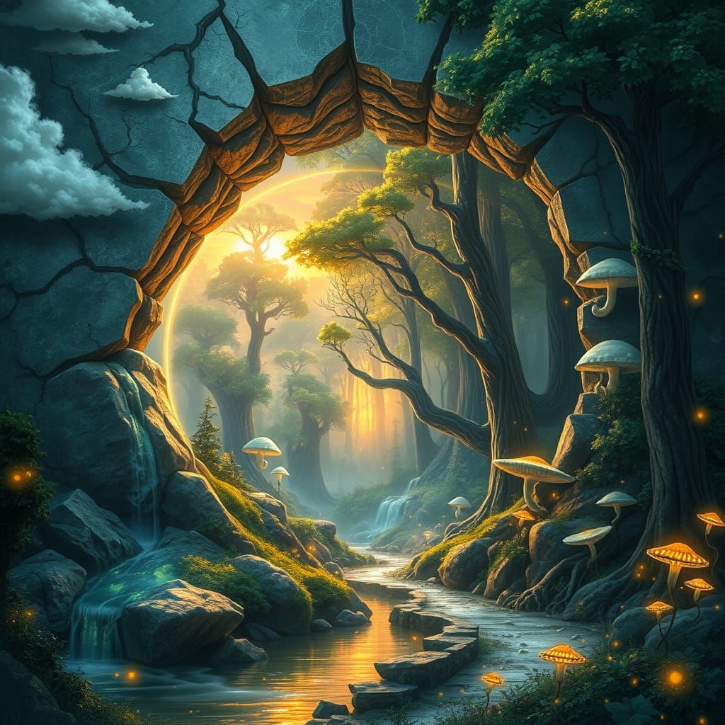 Dreamlike Fantasy World Unfolds from Marble Portal