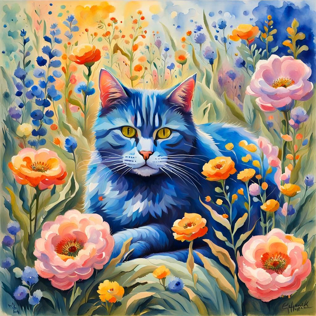 Cat Surrounded by Flowers in Gouache Style