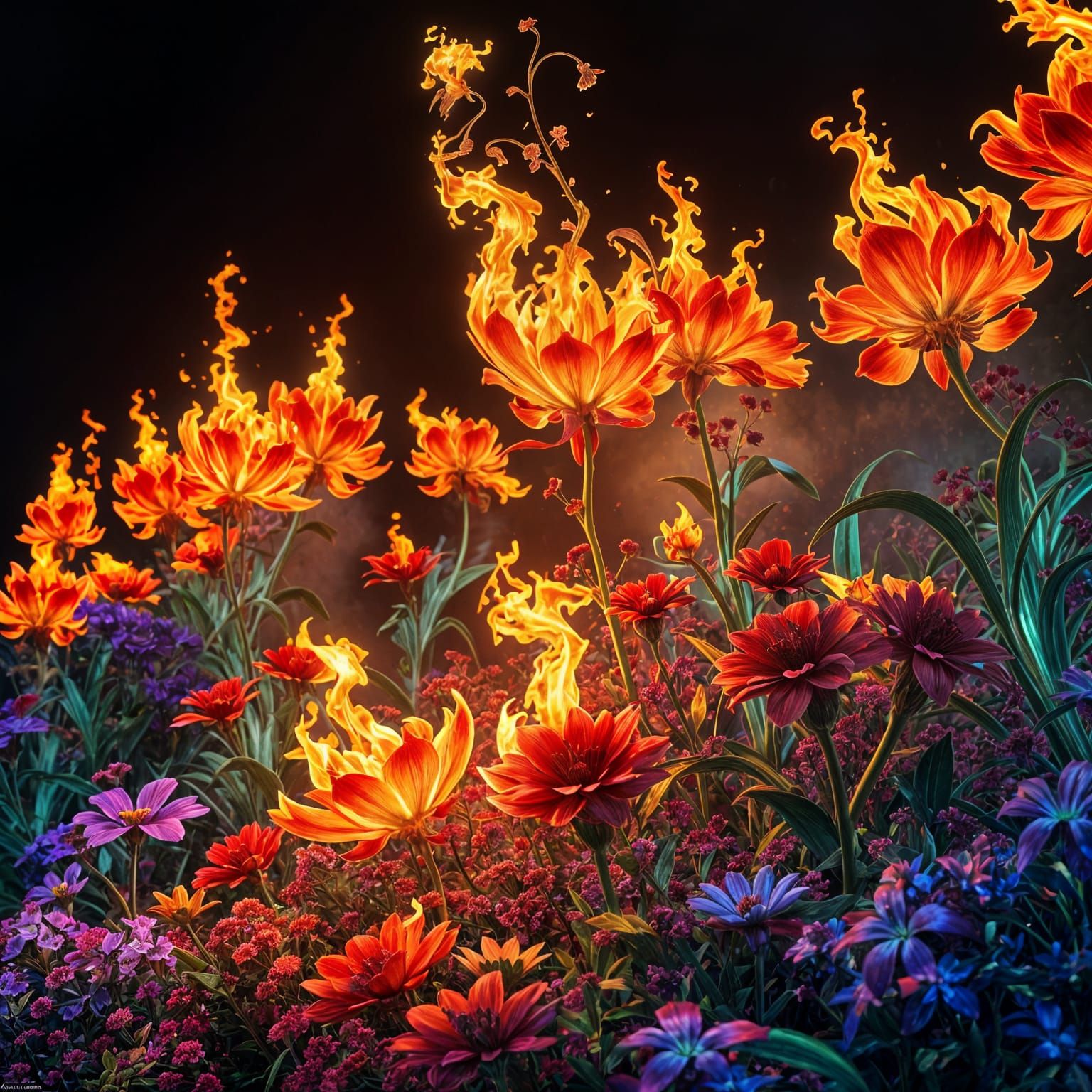 Fiery Flower Garden in Hyperrealistic Style