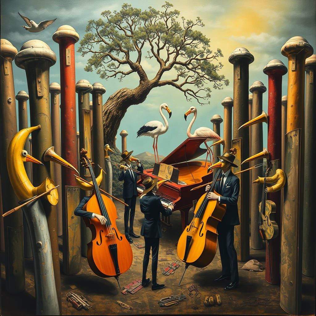 Surrealist Orchestra with Bizarre Instruments in Dalí Style