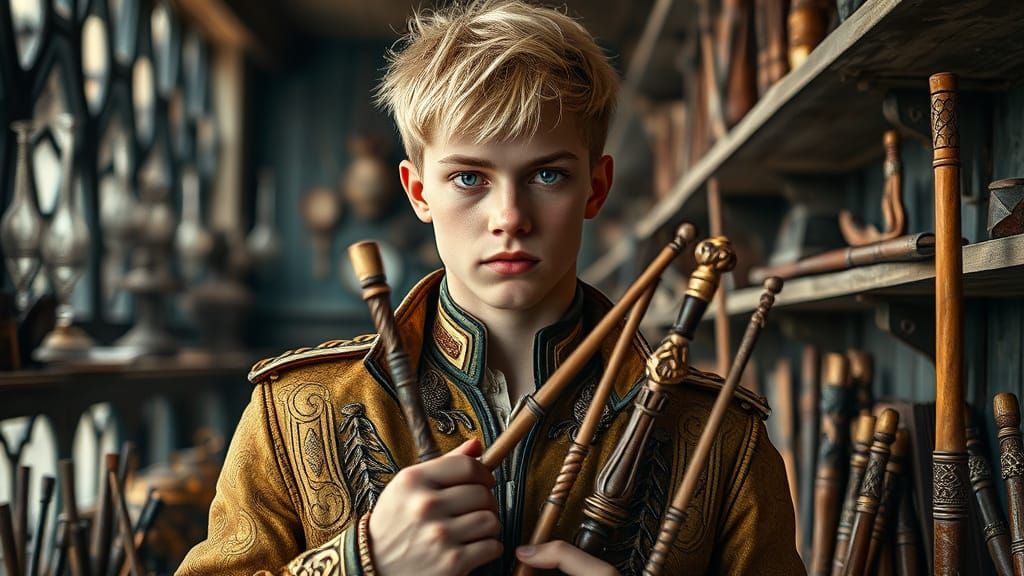 Dashing Young Gentleman in Luxury Gilded Jacket with Wands