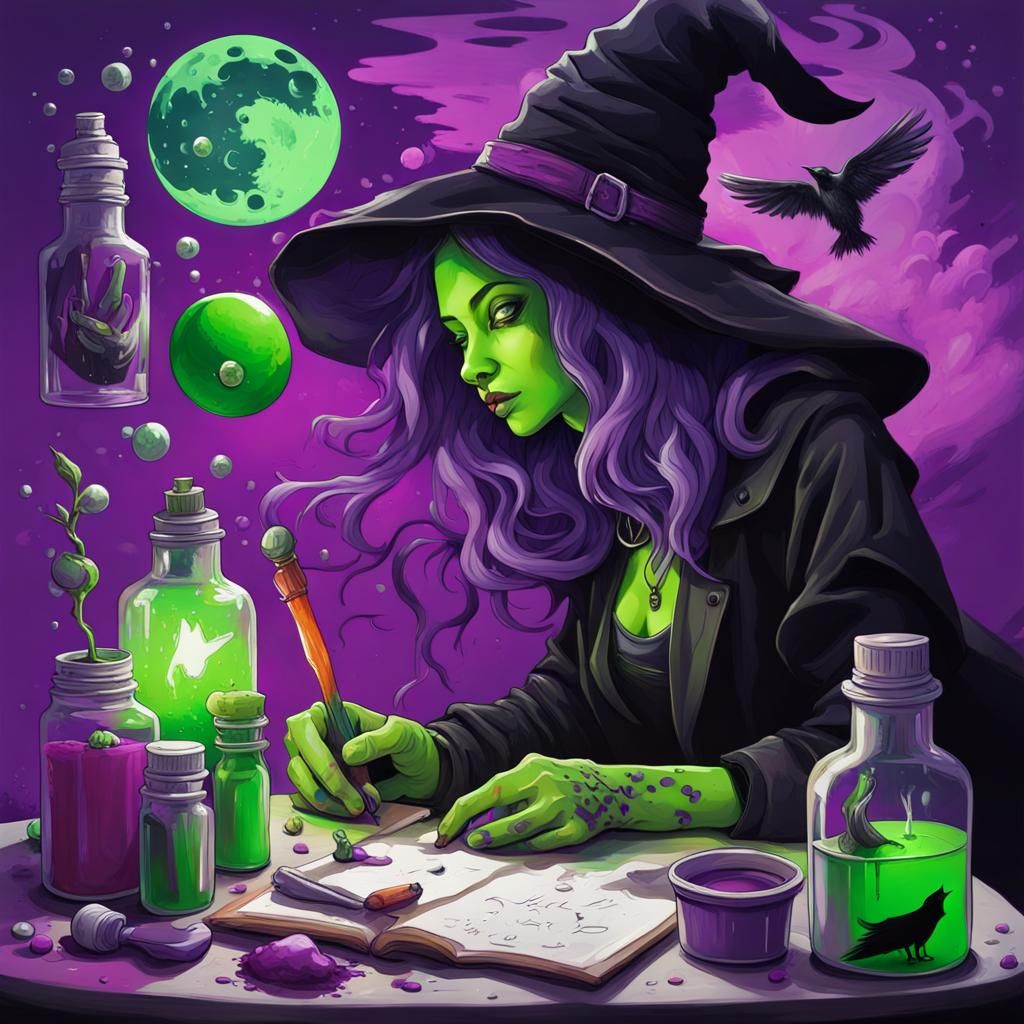 Witch's Desk Under Full Moon in Graffiti Art
