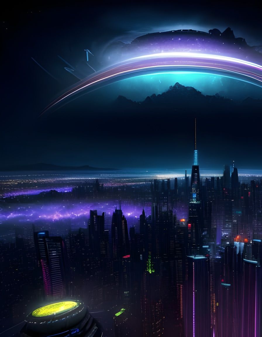 Cyberpunk Cityscape Under Alien Starship