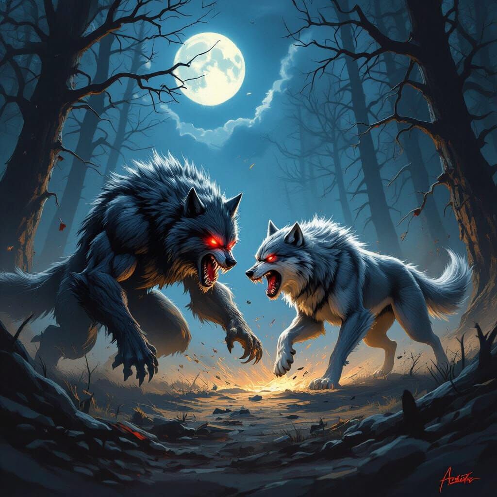 Werewolf vs Alpha Wolf in Moonlit Forest Battle