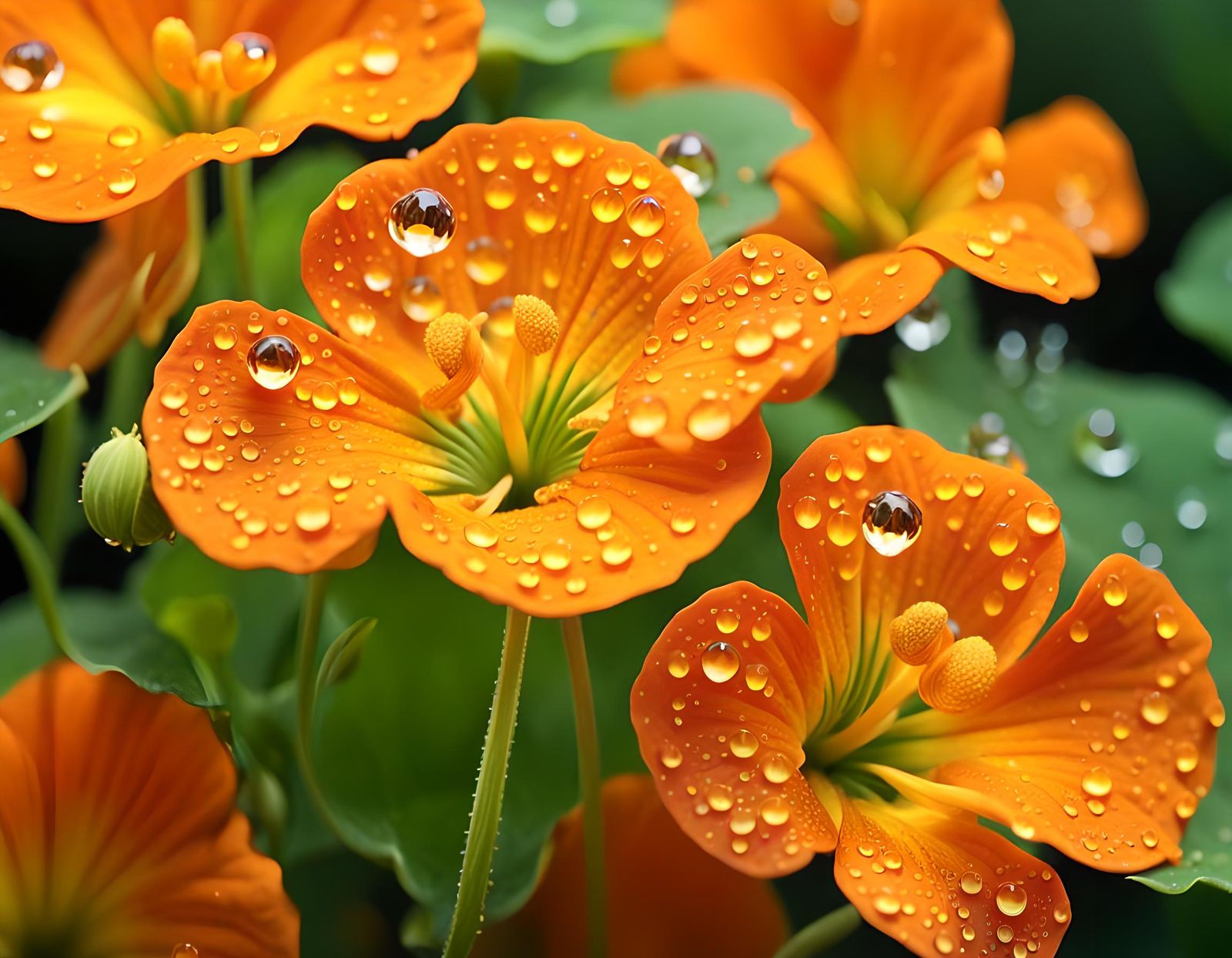 Orange Nasturtium Flower with Dew Drops