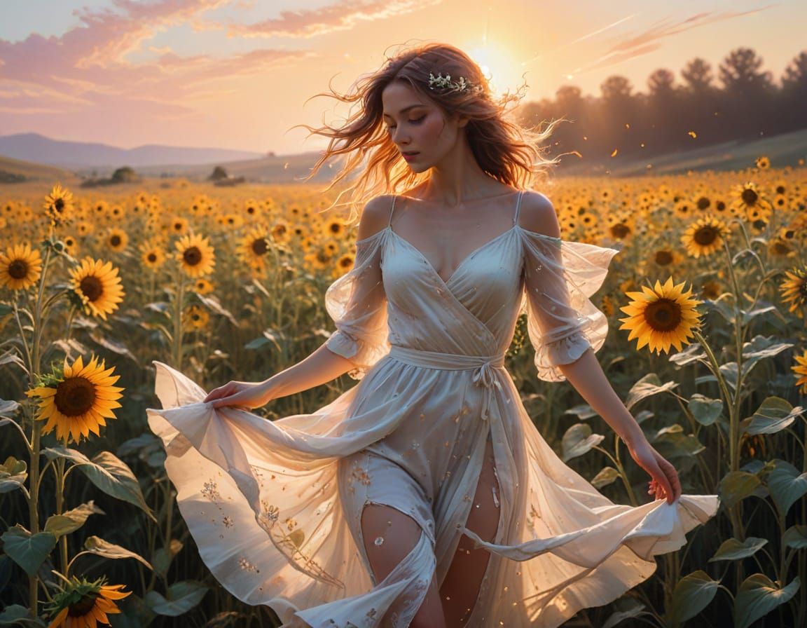 Dancer in Sunflower Meadow, Watercolor and Ink Illustration