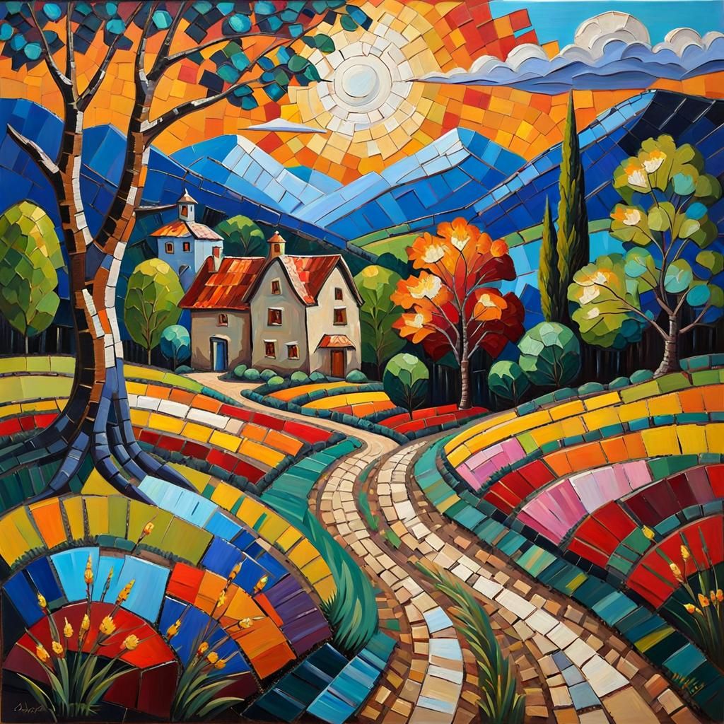 Mosaic Landscape in Neo-Impressionist Style