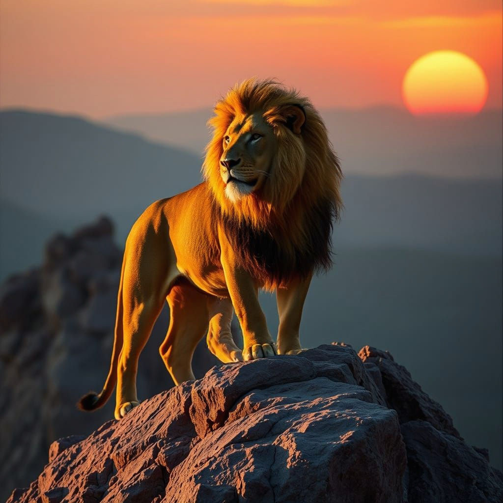 Majestic Lion King Dominates Rocky Outcrop in Cinematic Suns...