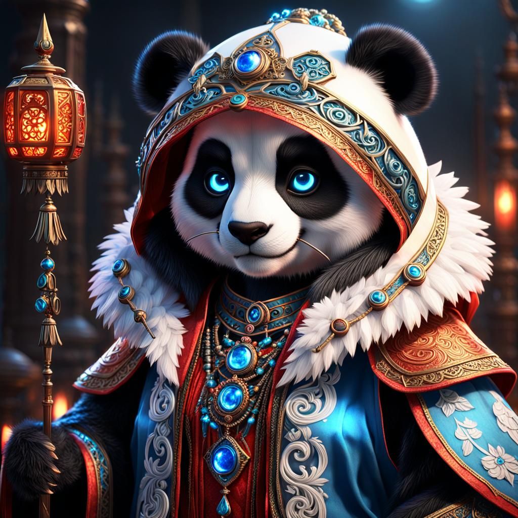 Panda high priestess with piercing blue eyes.