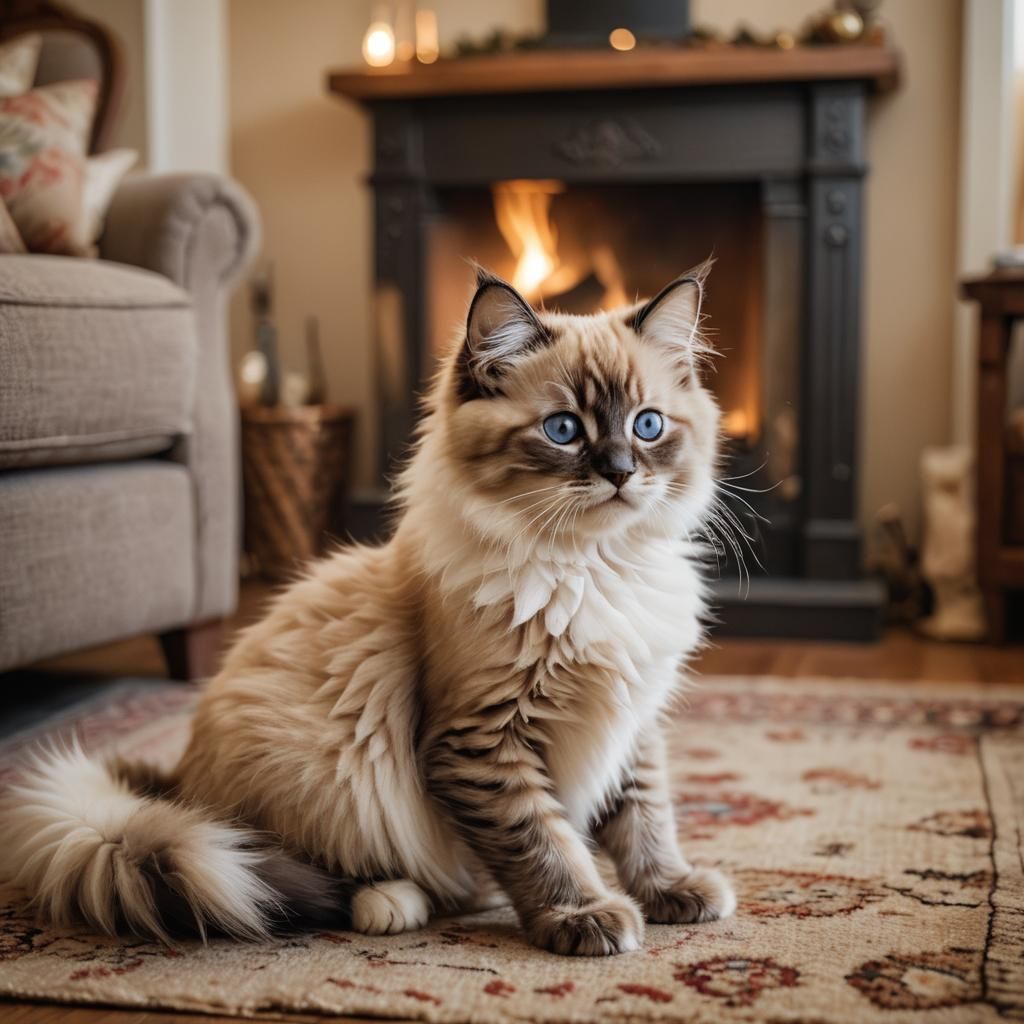 Ragdoll Kitten Licking Paw by Fireplace