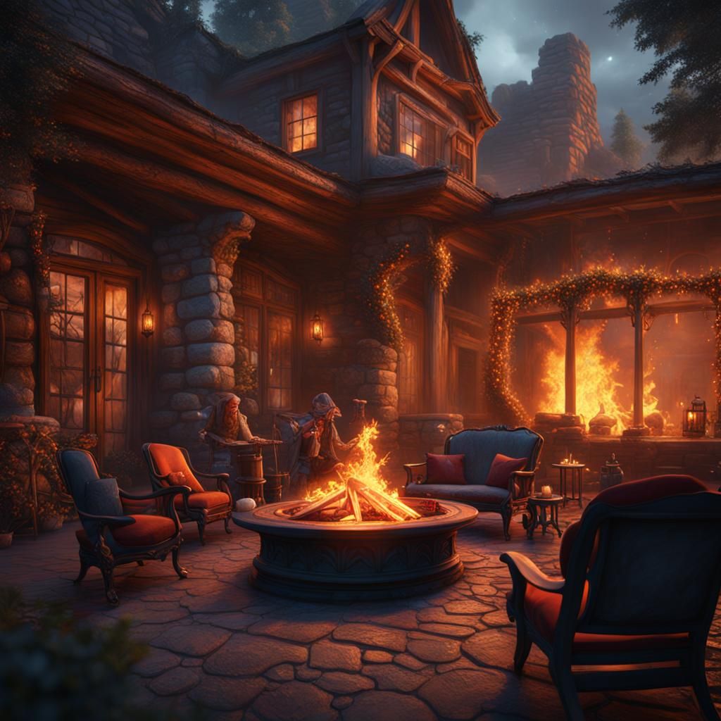 Cozy Patio Fire in Detailed Fantasy Art