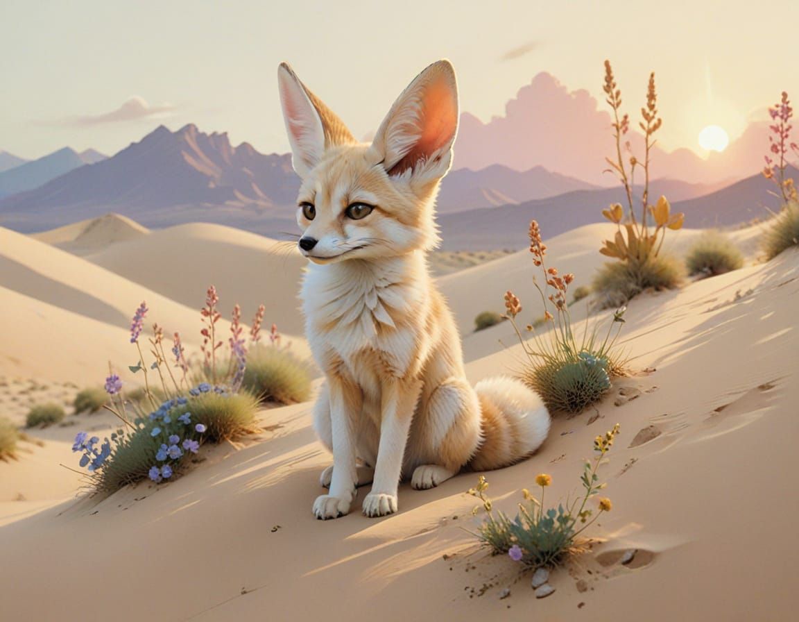 Fennec Fox on Golden Dune: Watercolor and Gouache