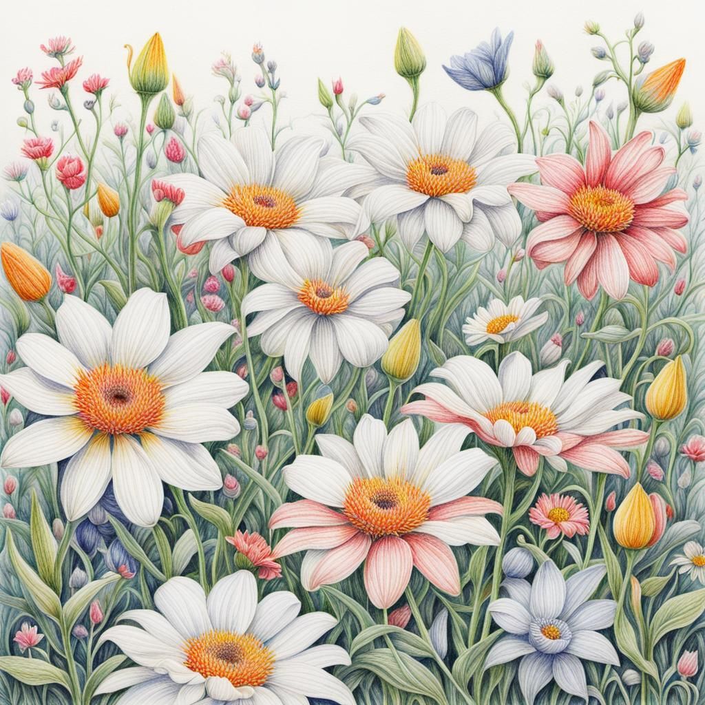 Detailed Colored-Pencil Flower Garden on White