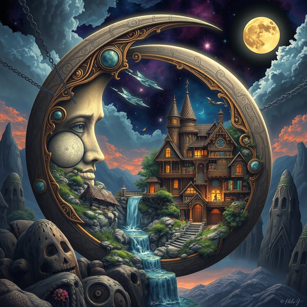 Magical Library Village Inside Ornate Crescent Moon