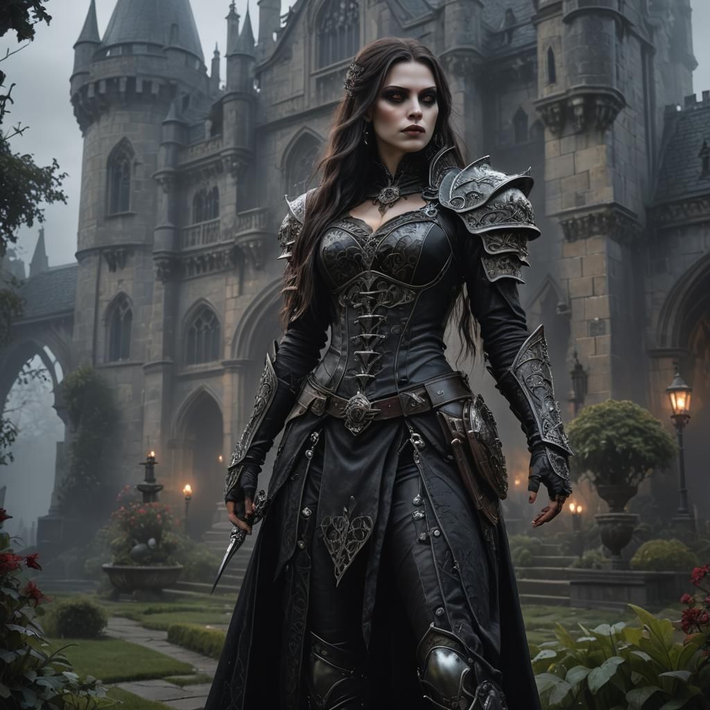 A young female long haired vampire, vilain warrior dark hero...