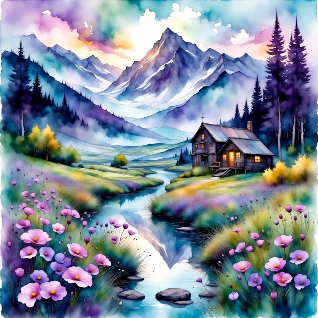 Dreamy Alpine Botanicals in Vibrant Acrylic and Ink Style