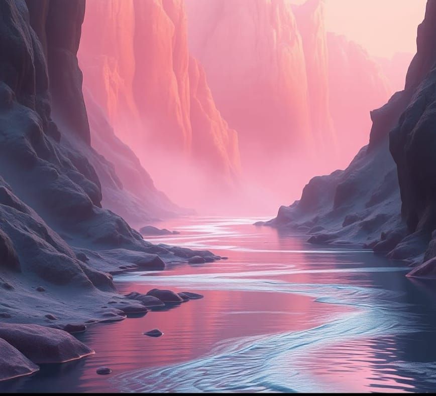 Rosewater Canyon: Pastel River in Watercolor Style
